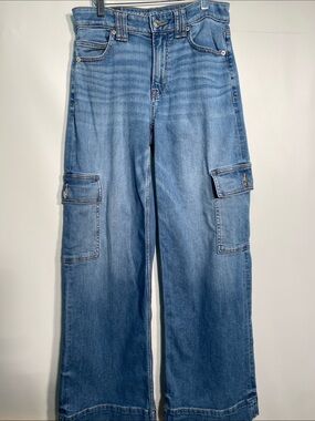 American Eagle Blue Denim High Waisted Baggy Cargo Jeans
